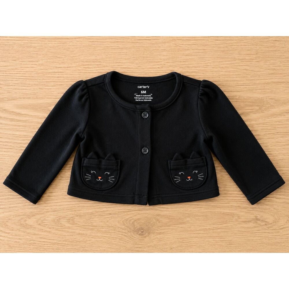 Carter's Black Cat Pocket Cardigan 6 Months EUC
